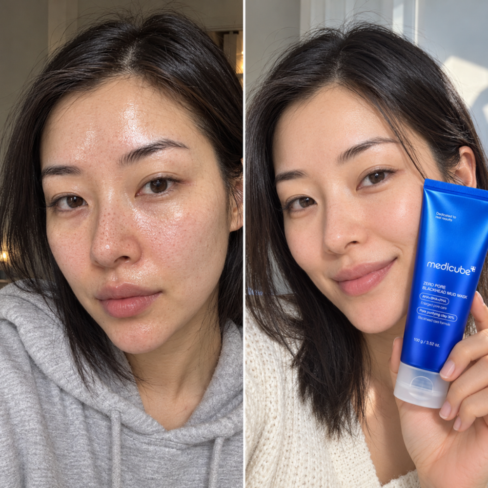 Medicube Zero Pore Mud Mask, look of the chin and T-zone before and after one use