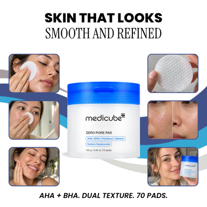 Medicube Zero Pore Pad jar with close-up photos of the pads in use