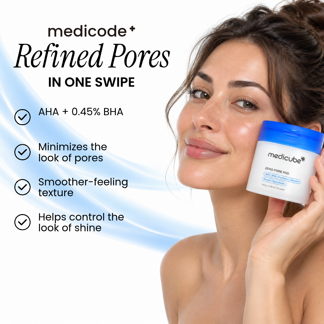 Woman holding Medicube Zero Pore Pad jar beside a list of product features