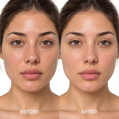 Before and after studio photos of a woman's face