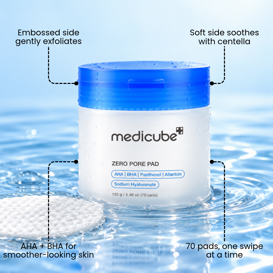 Medicube Zero Pore Pad jar on water with feature callouts