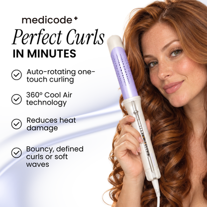 Woman with curled hair next to the SHEGLAM HAIR One Touch Airflow Styler Pro features