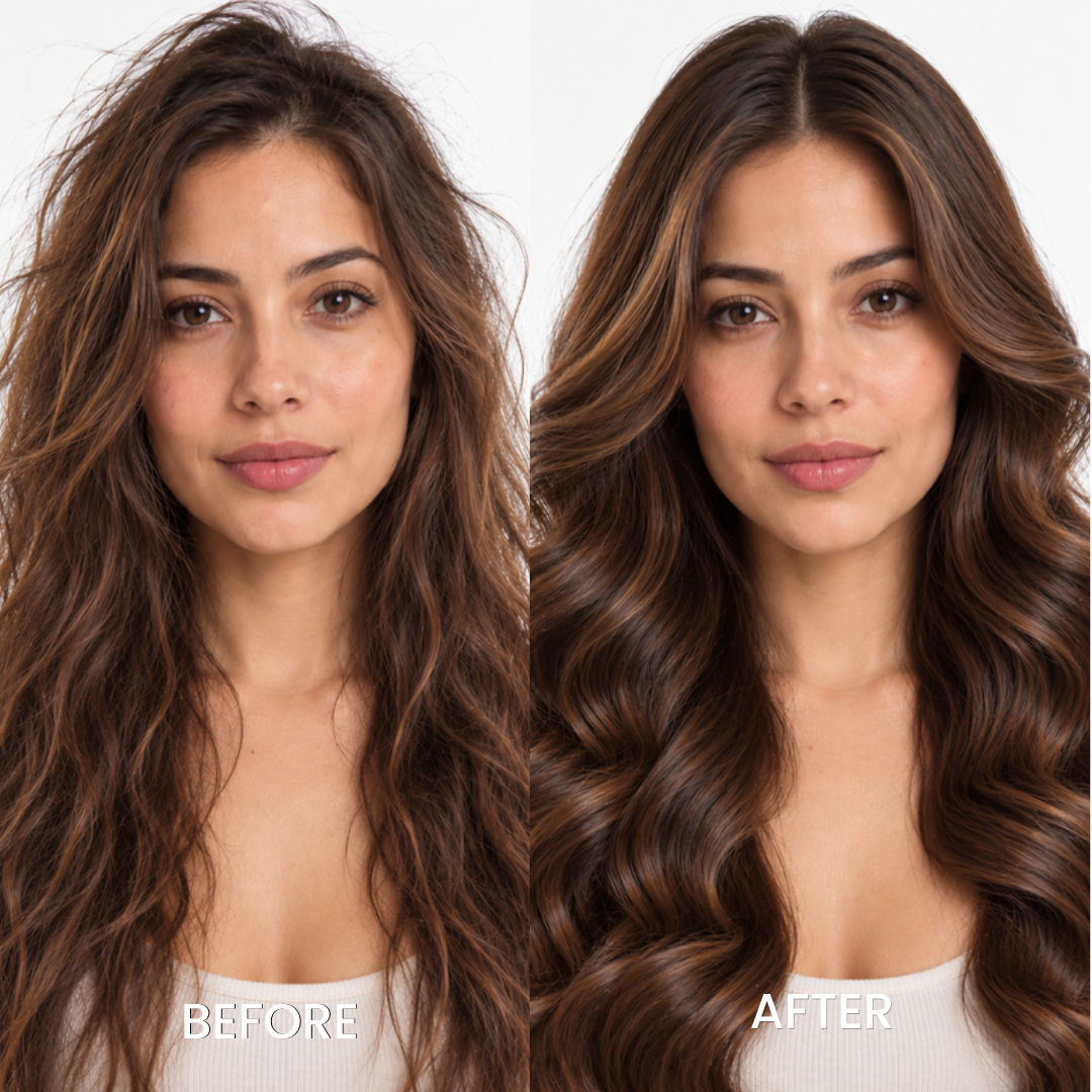 Before and after of brunette waves styled with the SHEGLAM HAIR One Touch Airflow Styler Pro