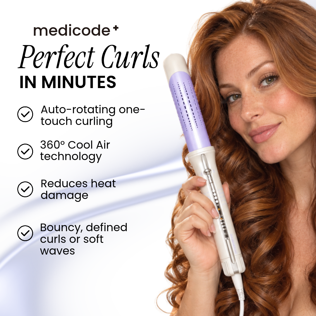 Woman holding the SHEGLAM HAIR One Touch Airflow Styler Pro 32mm beside her curls