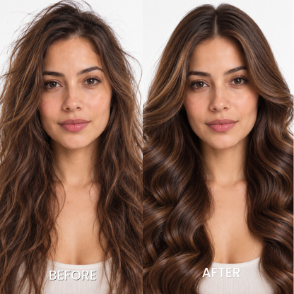 Brunette woman before and after styling with the SHEGLAM HAIR Airflow Styler Pro
