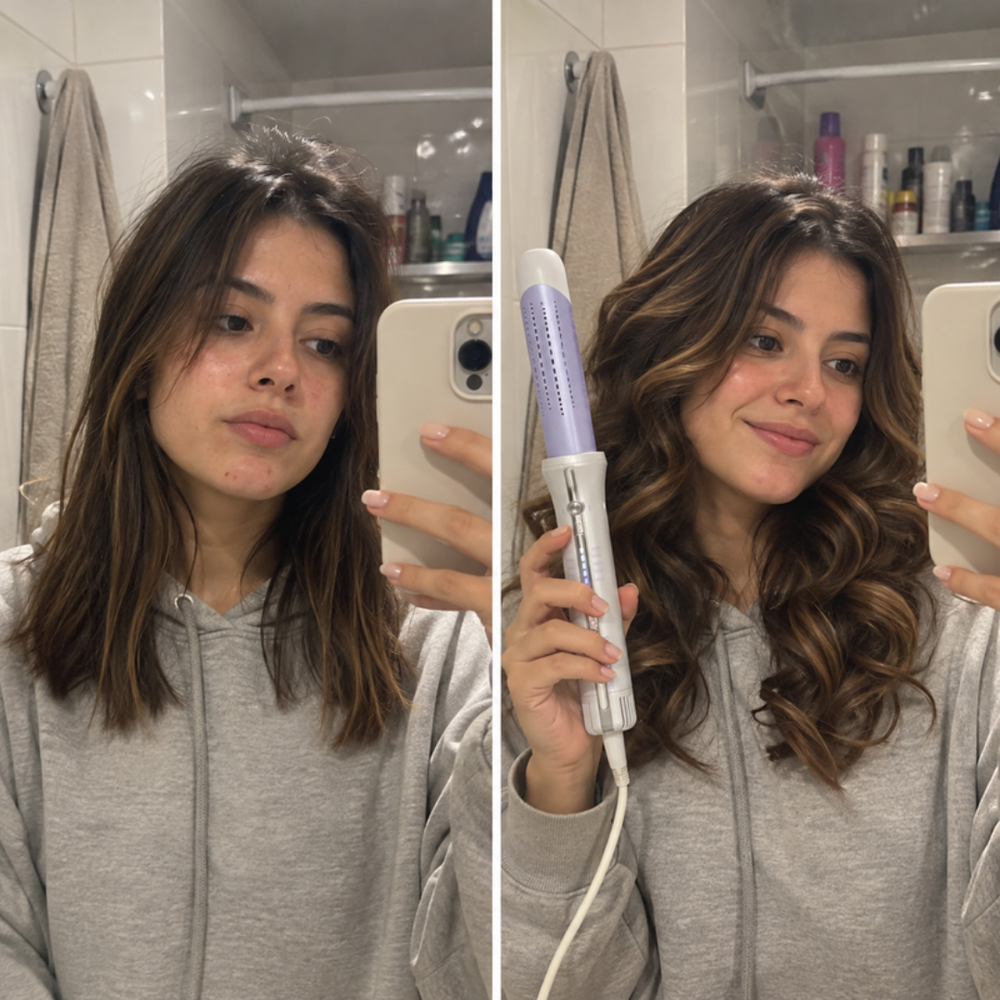 SHEGLAM HAIR auto-rotating curling iron, straight hair before and curls right after