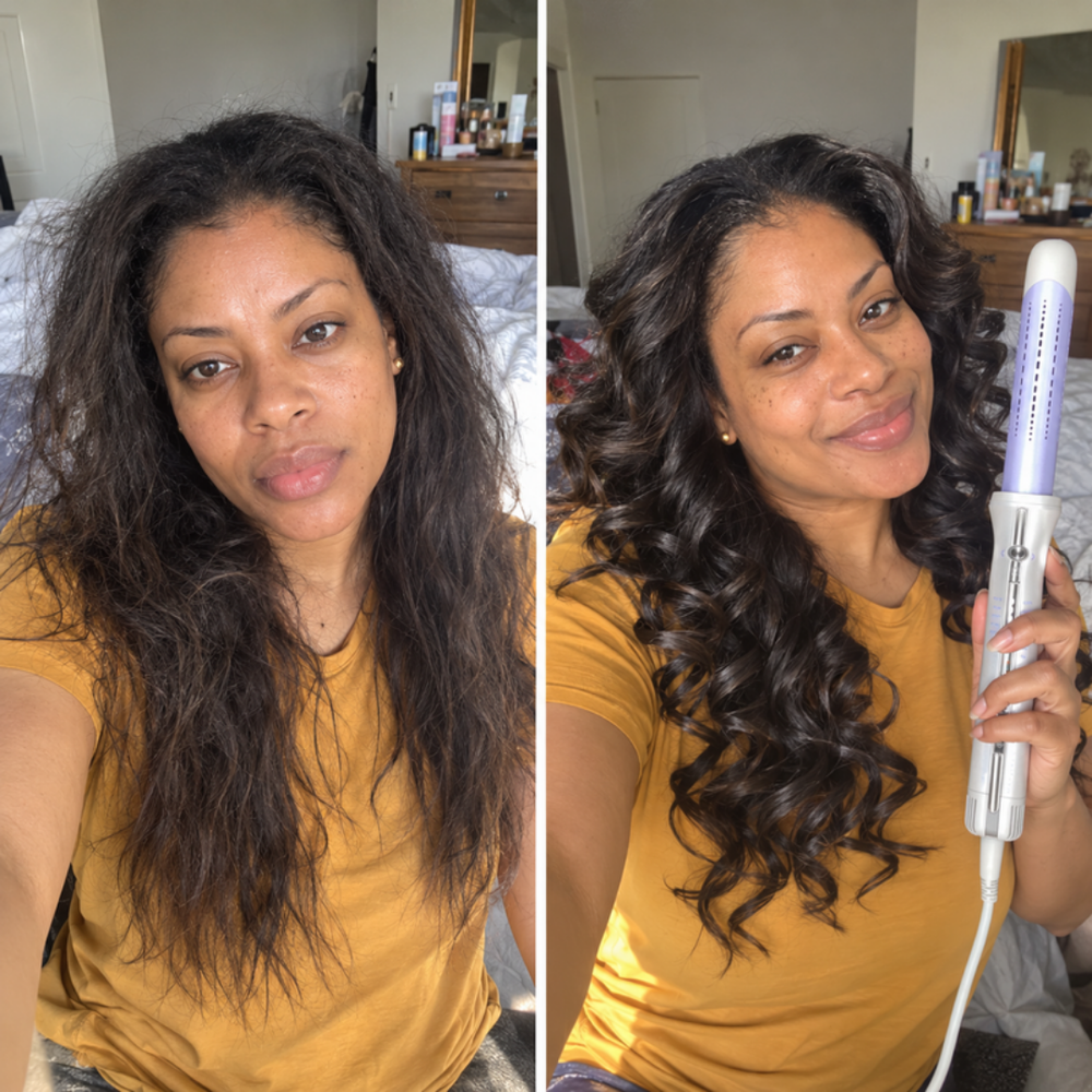 SHEGLAM HAIR cool-air curling iron, straight hair before and bouncy curls right after