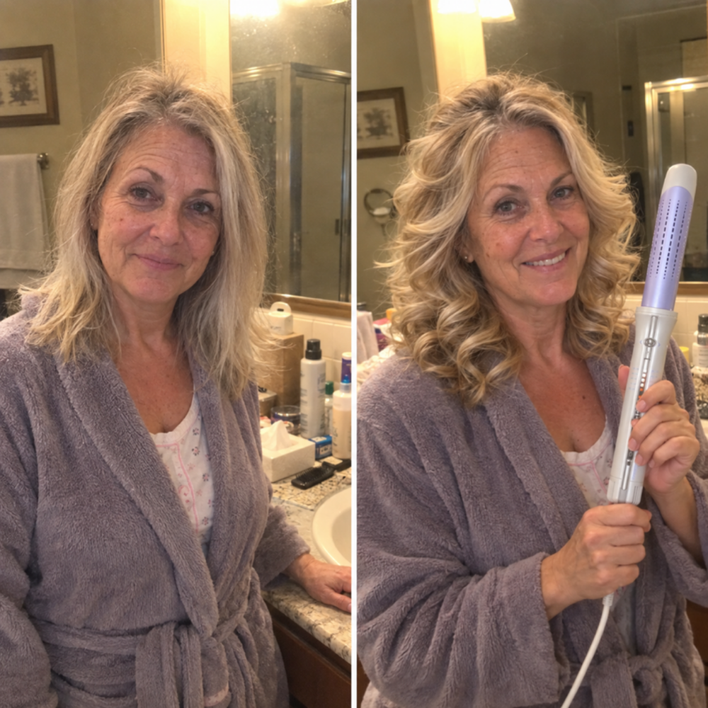 SHEGLAM HAIR one-touch curling iron, straight hair before and soft waves right after