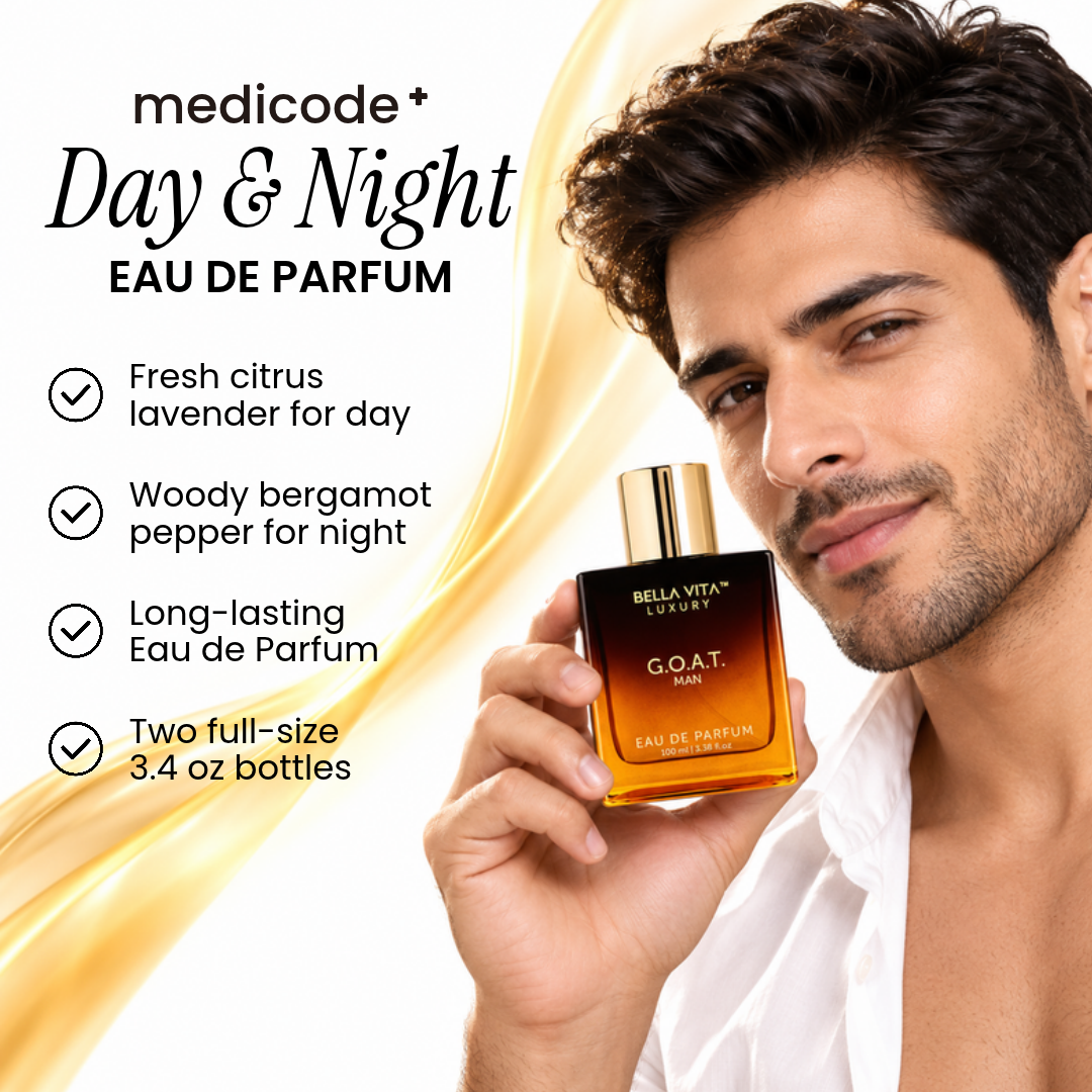 Man holding Medicode Day & Night cologne with scent notes list