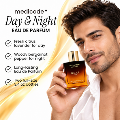 Man holding Medicode Day & Night cologne with scent notes list