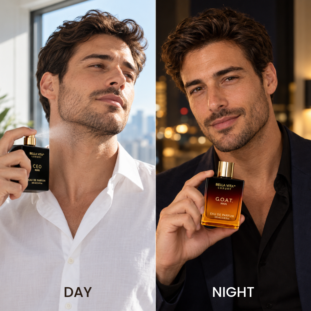 Man wearing Medicode cologne by day and by night