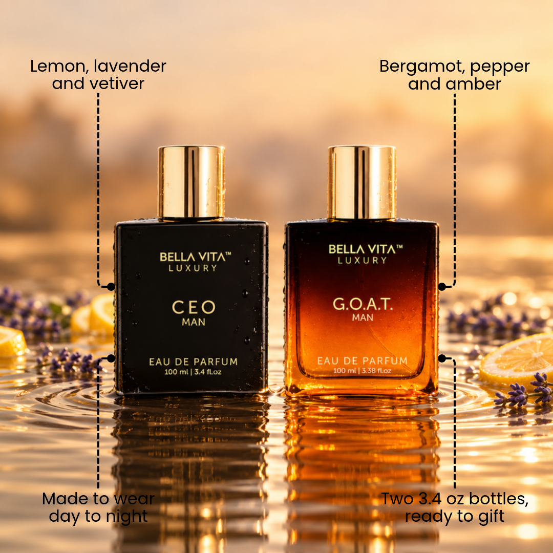 Medicode cologne gift set with scent notes on a golden water scene