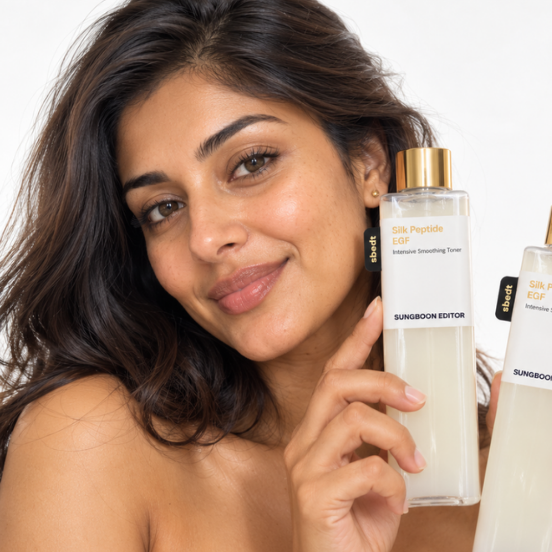 Woman holding Sungboon Editor Silk Peptide EGF toner close to her face
