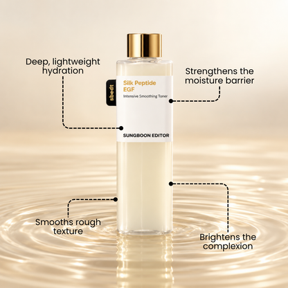 Sungboon Editor Silk Peptide EGF toner bottle with product benefit callouts