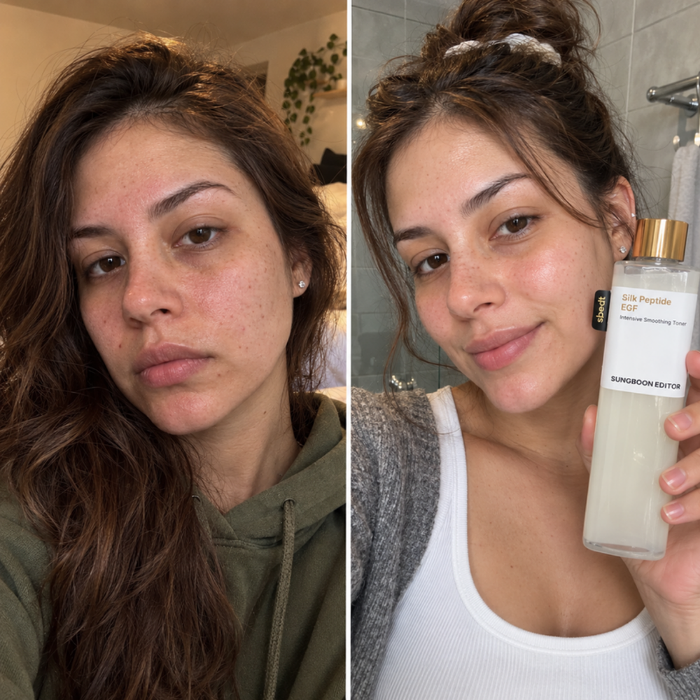 Sungboon Editor EGF toner, look of skin bare and with the toner on