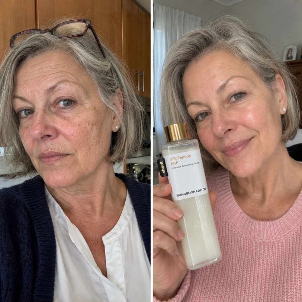 Sungboon Editor EGF toner, look of skin bare and with the toner on