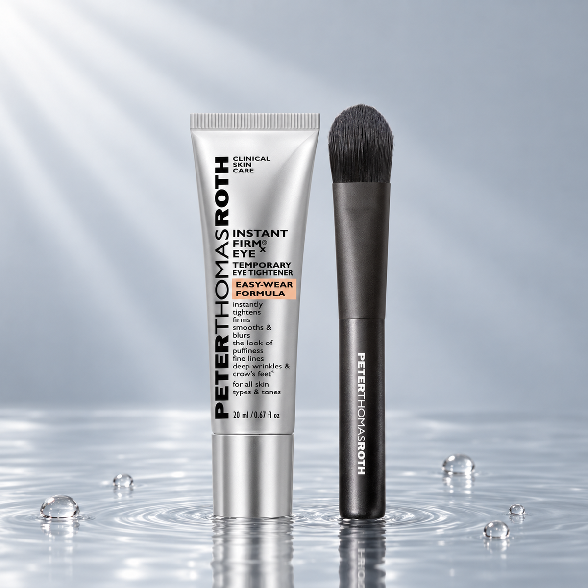Peter Thomas Roth Instant FIRMx Eye tube and brush standing in clear water on a light grey studio background
