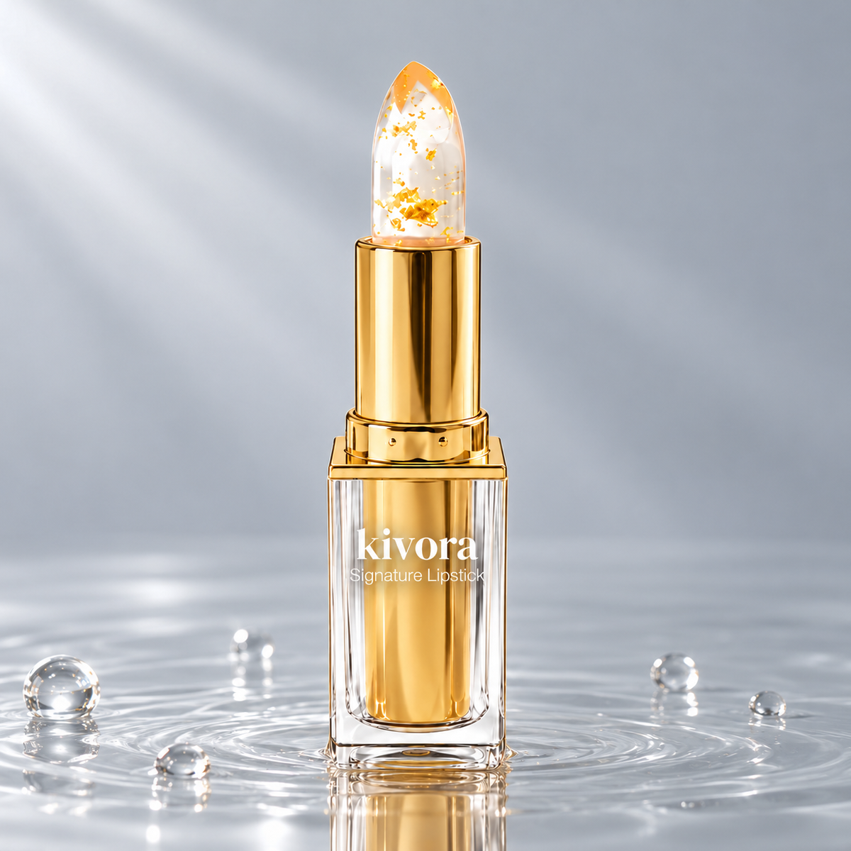 Kivora Signature Lipstick with gold flakes standing in clear water on a light grey studio background
