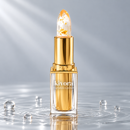 Kivora Signature Lipstick with gold flakes standing in clear water on a light grey studio background
