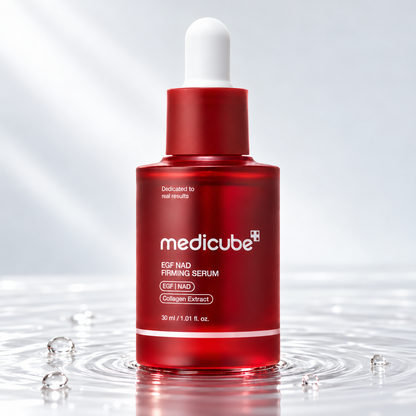 Medicube EGF NAD Firming Serum dropper bottle standing in clear water on a light studio background