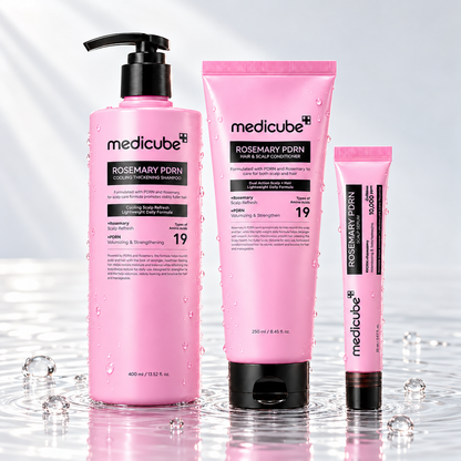 Medicube Rosemary PDRN shampoo, conditioner and hair serum standing in clear water on a light studio background