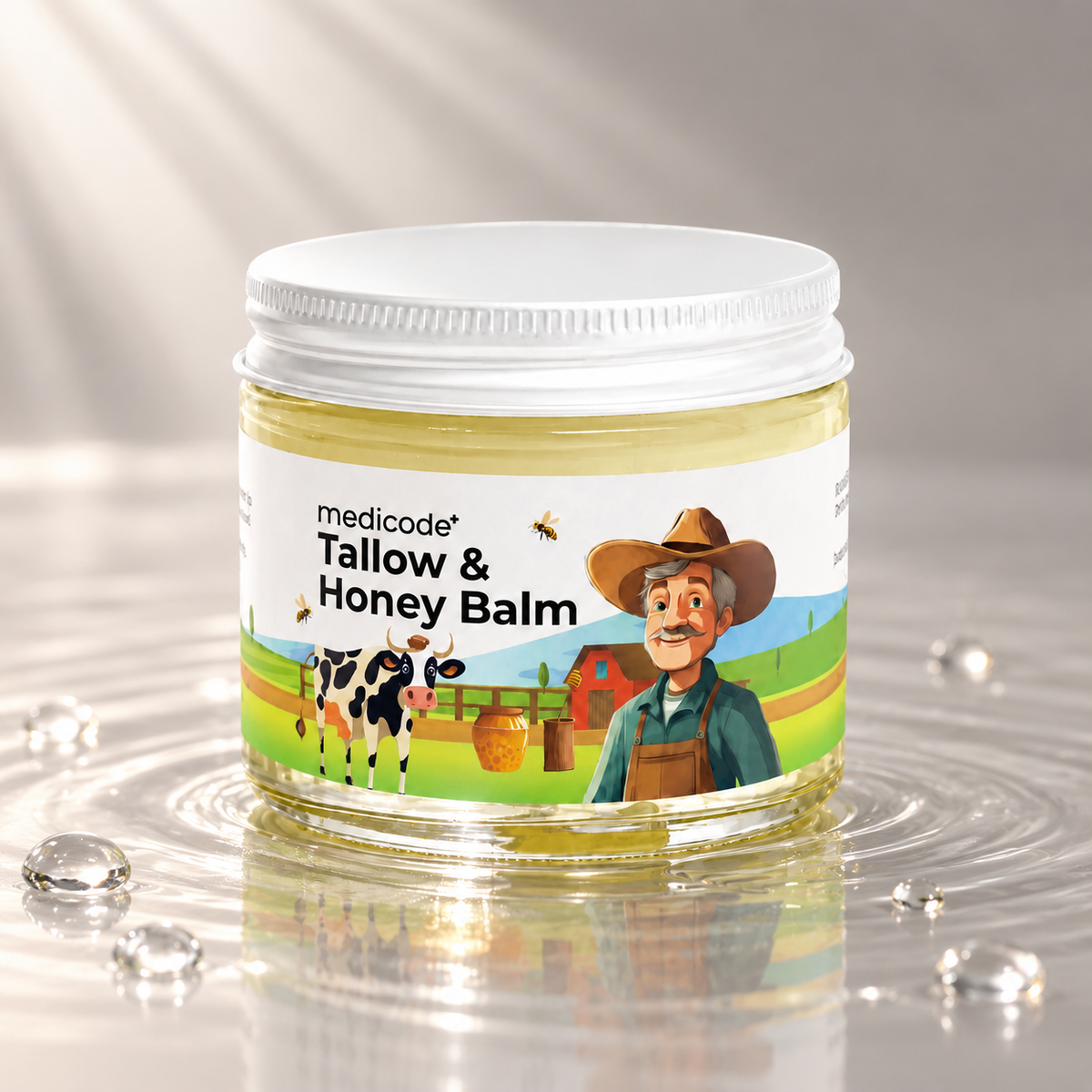 Tallow & Honey Balm jar standing in clear water on a light studio background