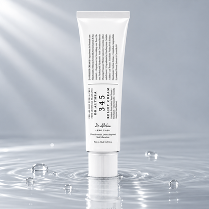 Dr.Althea 345 Relief Cream tube standing in clear water on a light grey studio background