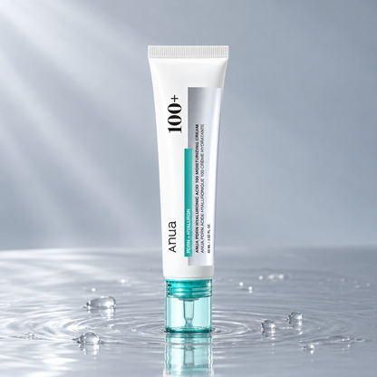 Anua PDRN Hyaluronic Acid 100 Moisturizing Cream tube standing in clear water on a light grey studio background