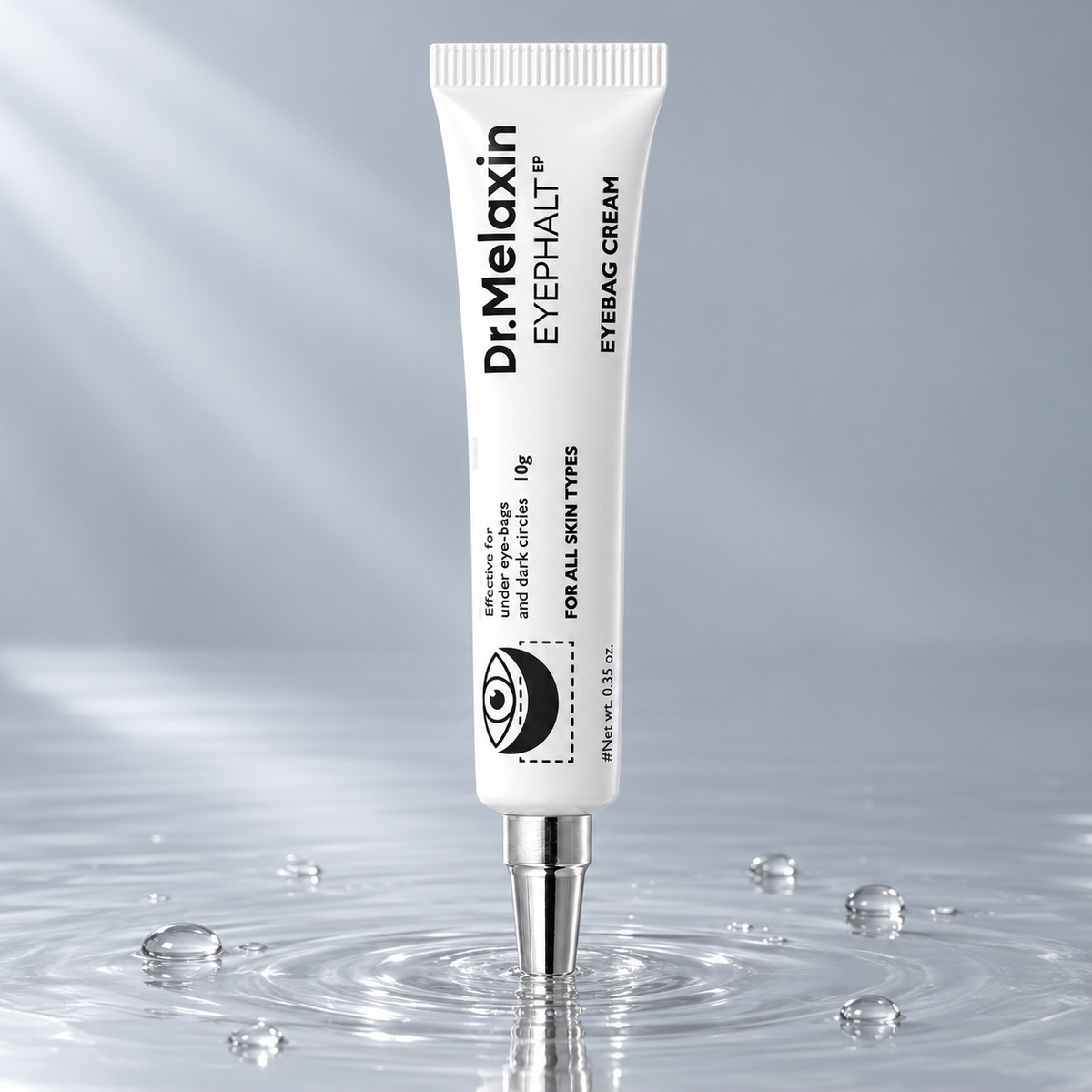 Dr.Melaxin Eyephalt Eyebag Cream tube standing in clear water on a light grey studio background