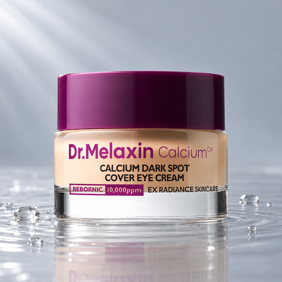 Dr.Melaxin Calcium Dark Spot Cover Eye Cream jar standing in clear water on a light grey studio background