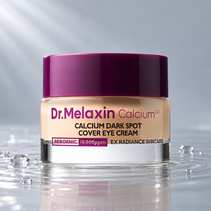 Dr.Melaxin Calcium Dark Spot Cover Eye Cream jar standing in clear water on a light grey studio background