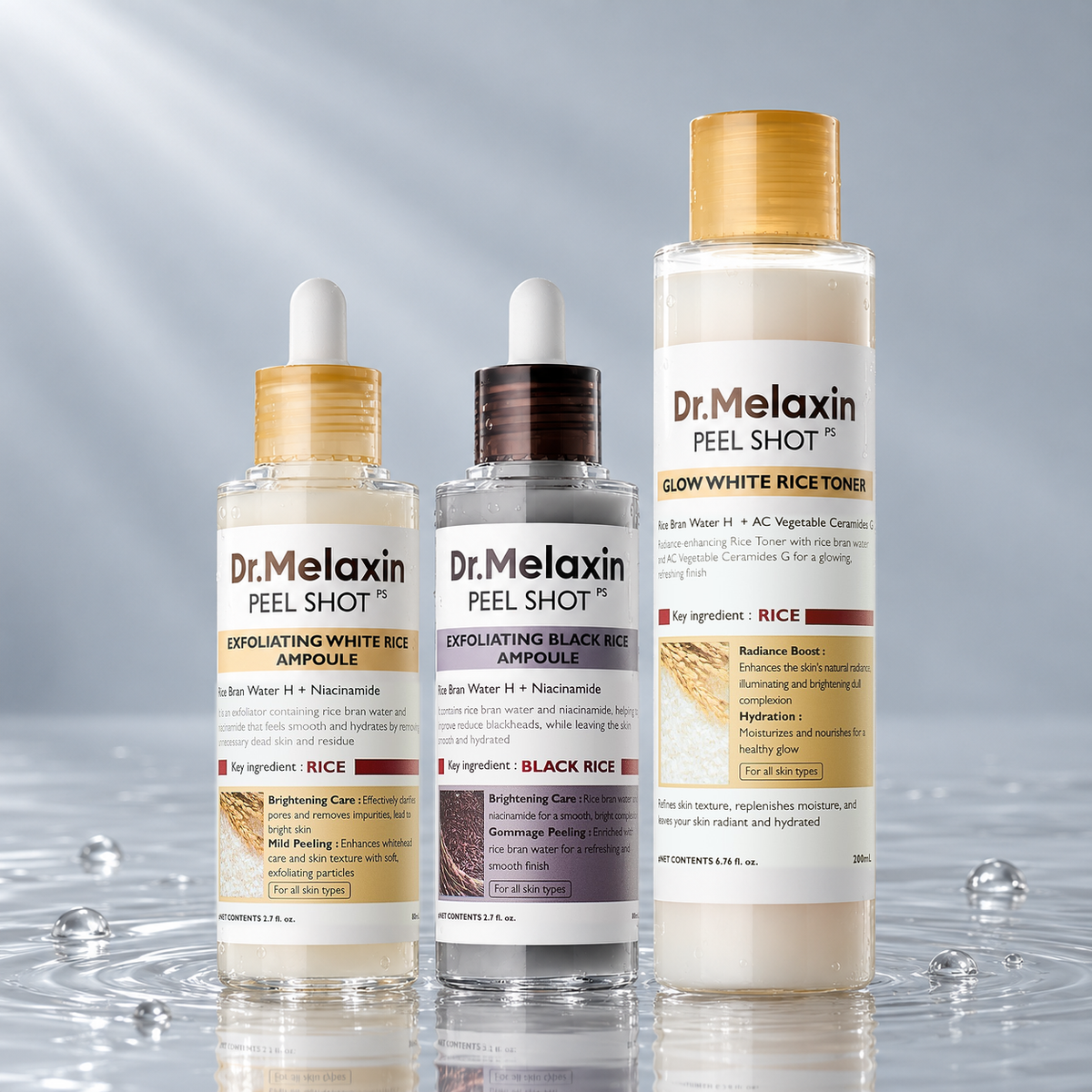 Dr.Melaxin Peel Shot white rice ampoule, black rice ampoule and glow white rice toner standing in clear water