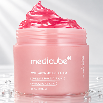 Medicube Collagen Jelly Cream jar with pink jelly standing in clear water on a light studio background
