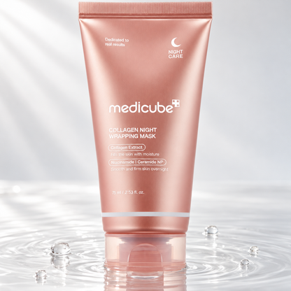Medicube Collagen Night Wrapping Mask tube standing in clear water on a light studio background