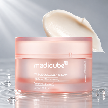 Medicube Triple Collagen Cream jar standing in clear water on a light grey studio background