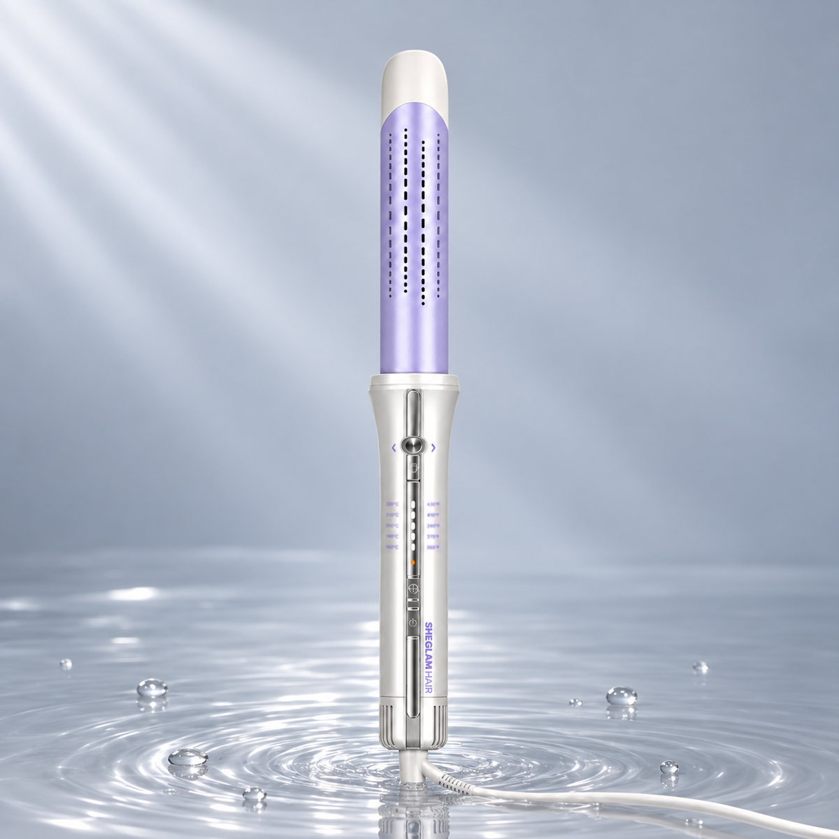 SHEGLAM One-Touch Airflow Styler Pro hair wand standing in clear water on a light grey studio background
