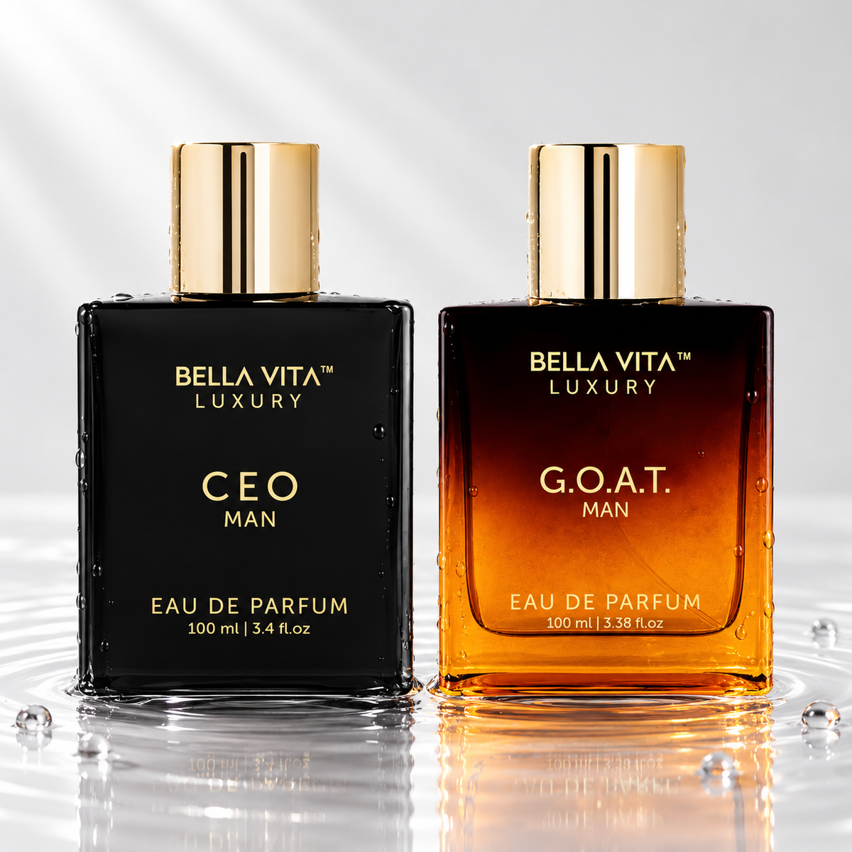 Bella Vita Luxury CEO Man and G.O.A.T. Man eau de parfum bottles standing in clear water